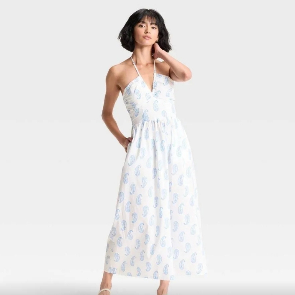 Universal Thread White and Blue Paisley Maxi Halter A-Line Dress